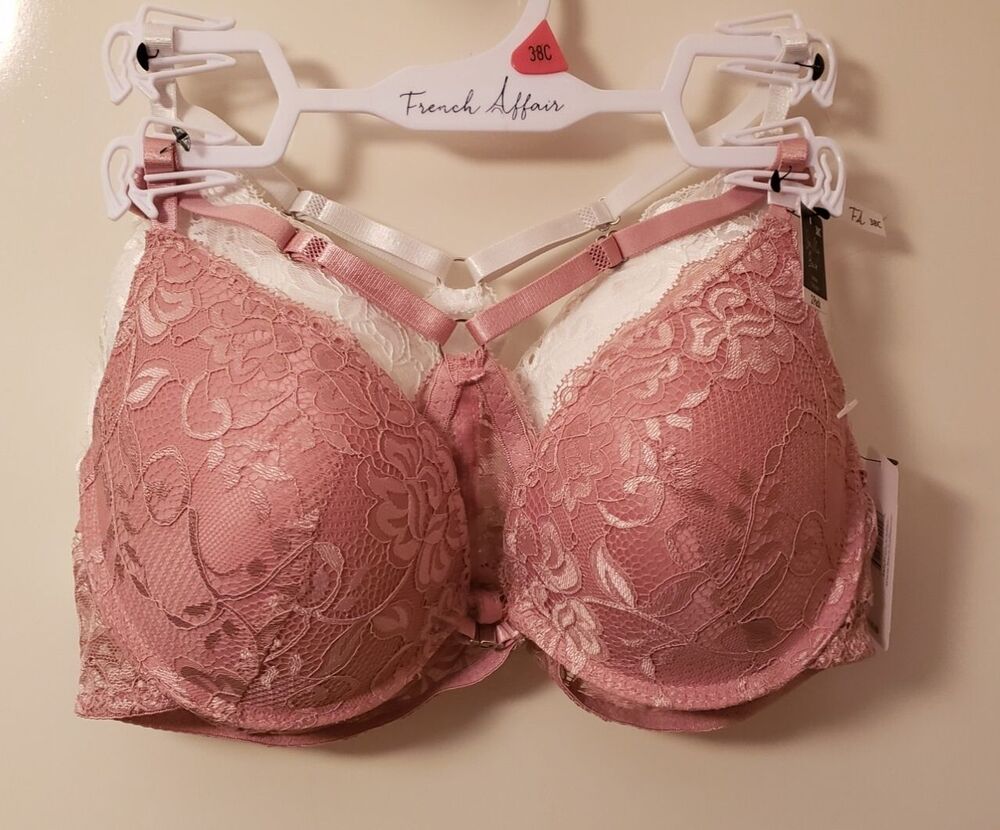 Women’s French Affairs Two-Piece Push Up Lace Bra Set Blush & White 38C NWT